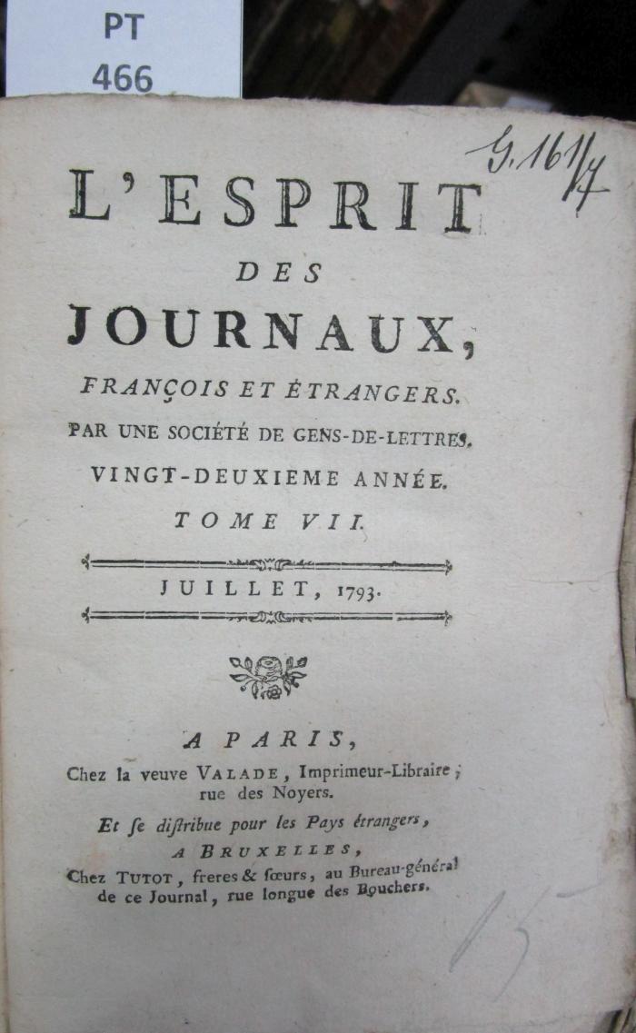  L' esprit des journaux, français et étrangers par une société de gens-de-lettres : Juillet 1793, Tome VII (1793)