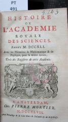  Histoire de l'Académie Royale des Sciences : avec les mémoires de mathématique et de physique pour la même année : tirés des registres de cette Académie : MDCCXLI (1747)