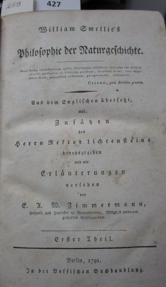  Philosophie der Naturgeschichte : Erster Theil (1791)