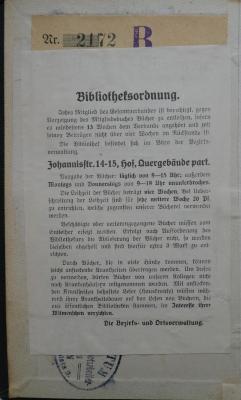 Kuc Lb 1046: Allgemeine Heiterkeit (Das Schwabenalter des Deutschen Parlaments) : Eine heitere Chronik des Deutschen Reichstages (1910);- (Gesamtverband der Arbeitnehmer der öffentlichen Betriebe und des Personen- und Warenverkehrs), Etikett: ; 'Bibliotheksordnung.
Jedes Mitglied des Gesamtverbandes...'.  (Prototyp);- (Deutscher Transportarbeiter-Verband), Etikett: Signatur, Name, Berufsangabe/Titel/Branche, Ortsangabe; 'Nr. [2172] [B]
Bibliothek-Ordnung
d. Deutschen Transportarbeiter-Verbandes Sitz Berlin
[...]'. 