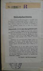 - (Deutscher Transportarbeiter-Verband), Etikett: Signatur, Name, Berufsangabe/Titel/Branche, Ortsangabe; 'Nr. [2172] [B]
Bibliothek-Ordnung
d. Deutschen Transportarbeiter-Verbandes Sitz Berlin
[...]'. 