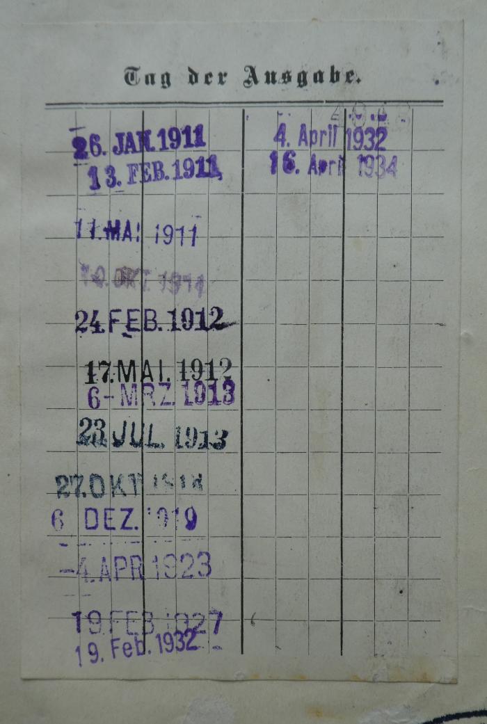 Kuc Lb 1046: Allgemeine Heiterkeit (Das Schwabenalter des Deutschen Parlaments) : Eine heitere Chronik des Deutschen Reichstages (1910);- (Deutscher Transportarbeiter-Verband), Etikett: Datum; 'Tag der Ausgabe.
[26. Jan. 1911]
[...]
[16. April 1934]'. 