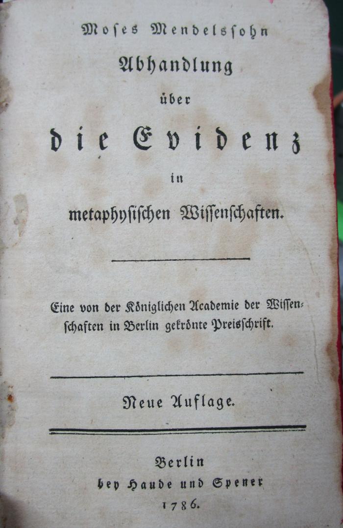  Abhandlung über die Evidenz in metaphysischen Wissenschaften (1786)