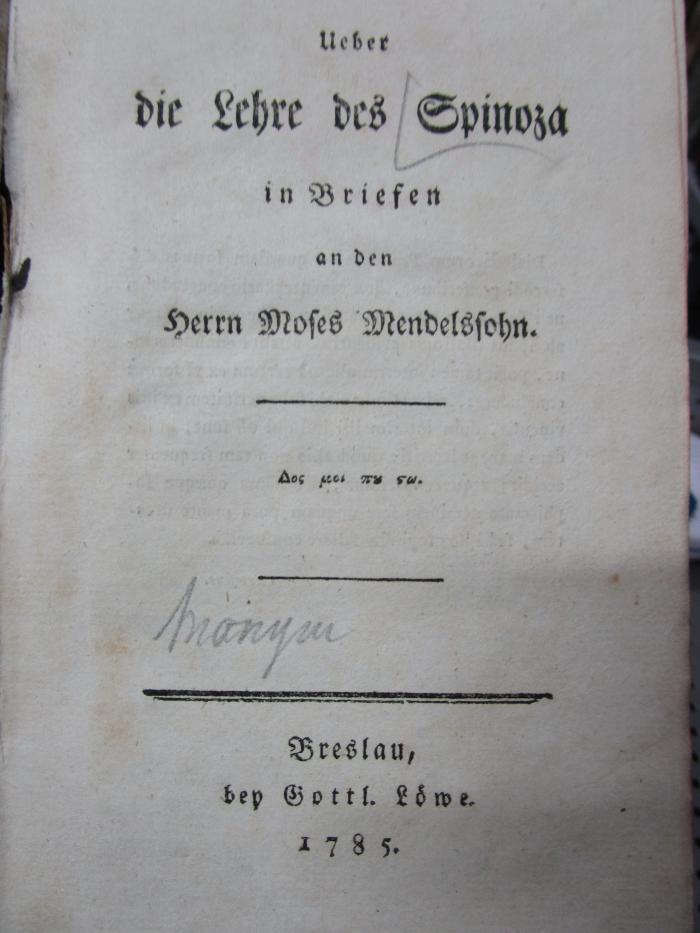  Über die Lehre des Spinoza in Briefen an den Herrn Moses Mendelssohn (1785)