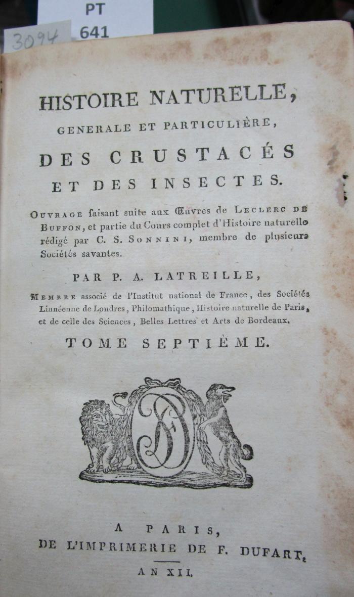  Histoire naturelle, générale et particuliere, des crustacés et des insectes. Tome septième (1803/04)