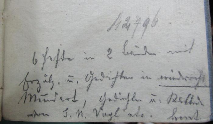  Wiener Gesellschafter zur Erheiterung für Gebildete. Erstes Heft (1833);- (unbekannt), Von Hand: Nummer; '42796'. ;- (unbekannt), Von Hand: Notiz; '6 Hefte in 2 Bänden mit Erzähl. u. Geschichten in [...] Mundart, Ge[...] u. R[...] von S. N. Vogl [...] kont.'. 