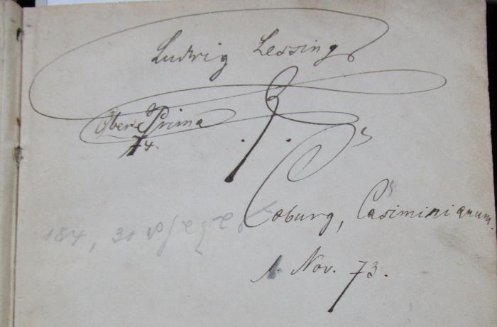 III 78130: The sketch book (1843);- (Lessing, Ludwig), Von Hand: Autogramm, Name, Berufsangabe/Titel/Branche, Datum, Ortsangabe; 'Ludwig Lessing
Ober-Prima 74
Coburg, Casimirianum.
1. Nov. 73.'. ;- (Lessing, Ludwig), Von Hand: Annotation. 