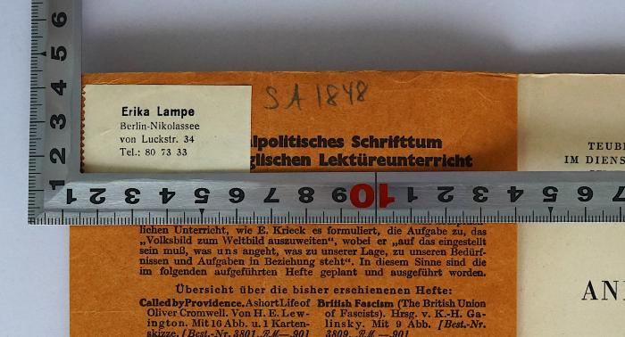 SA 1848&lt;3&gt; : John Bull And His Country (1937);- (Lampe, Erika), Etikett: Name, Ortsangabe; 'Erika Lampe
Berlin-Nikolassee
von Luckstr. 34
Tel.: 80 73 33
'. 