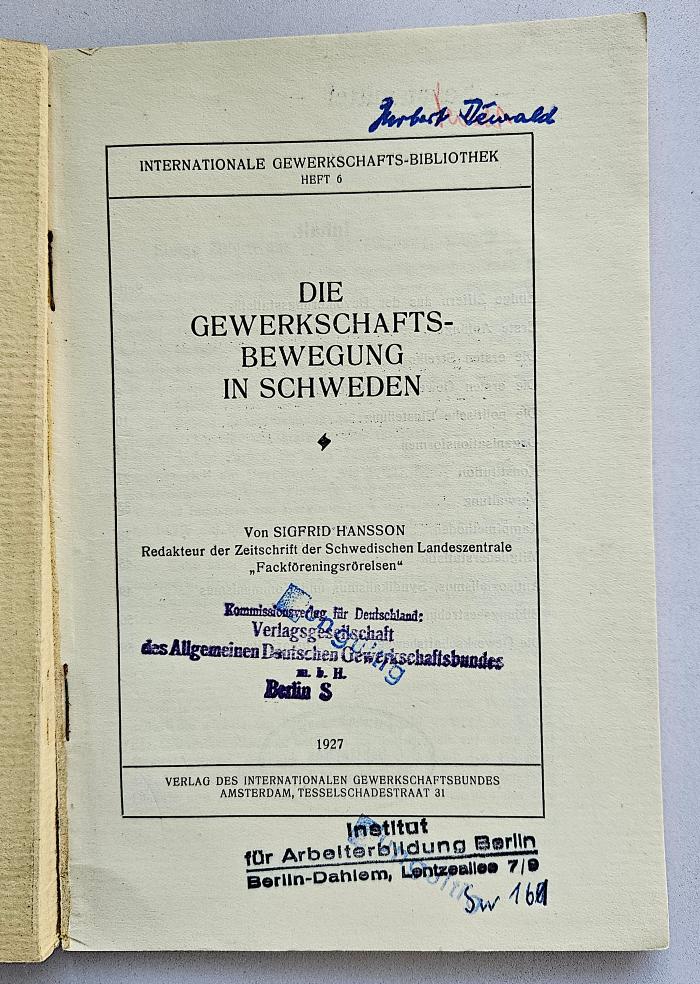 SA 1297 : Die Gewerkschaftsbewegung in Schweden (1927)