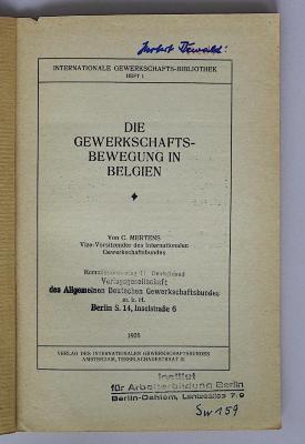 SA 1296 : Die Gewerkschaftsbewegung in Belgien (1925)