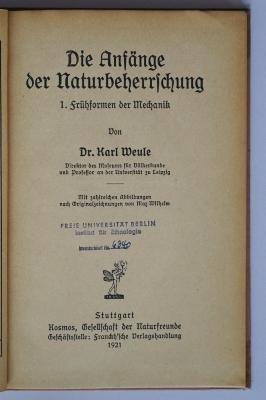II 2869-1 : Die Anfänge der Naturbeherrschung, 1. Frühformen der Mechanik
 (1921)