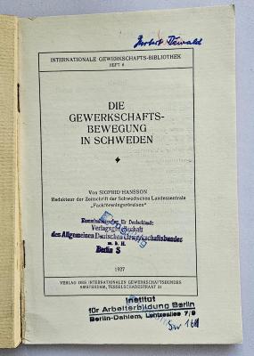 SA 1297 : Die Gewerkschaftsbewegung in Schweden (1927)
