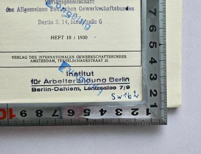 SA 1299 : 50 Jahre Gewerkschaftsbewegung in der Schweiz (1930);- (Institut für Arbeiterbildung Berlin-Dahlem), Stempel: Name, Ortsangabe, Berufsangabe/Titel/Branche; 'Institut für Arbeiterbildung 
Berlin-Dahlem, Lentzeallee 7/9'.  (Prototyp);- (Institut für Arbeiterbildung Berlin-Dahlem), Stempel: Name, Berufsangabe/Titel/Branche, Ortsangabe; 'Institut für Arbeiterbildung 
Berlin-Dahlem, Lentzeallee 7/9
Sw 162'. 