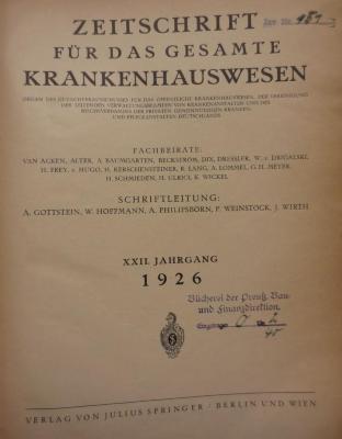 ZB;Ko 4167;509 ;x 22 1926: Zeitschrift für das gesamte Krankenhauswesen. XXII. Jahrgang 1926 (1926)