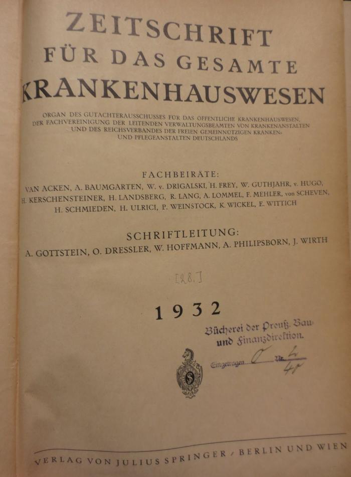 ZB;Ko 4167;509 ;x [28] 1932: Zeitschrift für das gesamte Krankenhauswesen. 1932 (1932)