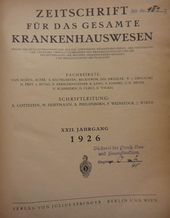 ZB;Ko 4167;509 ;x 22 1926: Zeitschrift für das gesamte Krankenhauswesen. XXII. Jahrgang 1926 (1926)