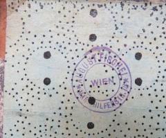 - (Fischel, August), Stempel: Name, Ortsangabe; 'August Fischel / Mariahilferstr. 73 / Wien'.  (Prototyp)