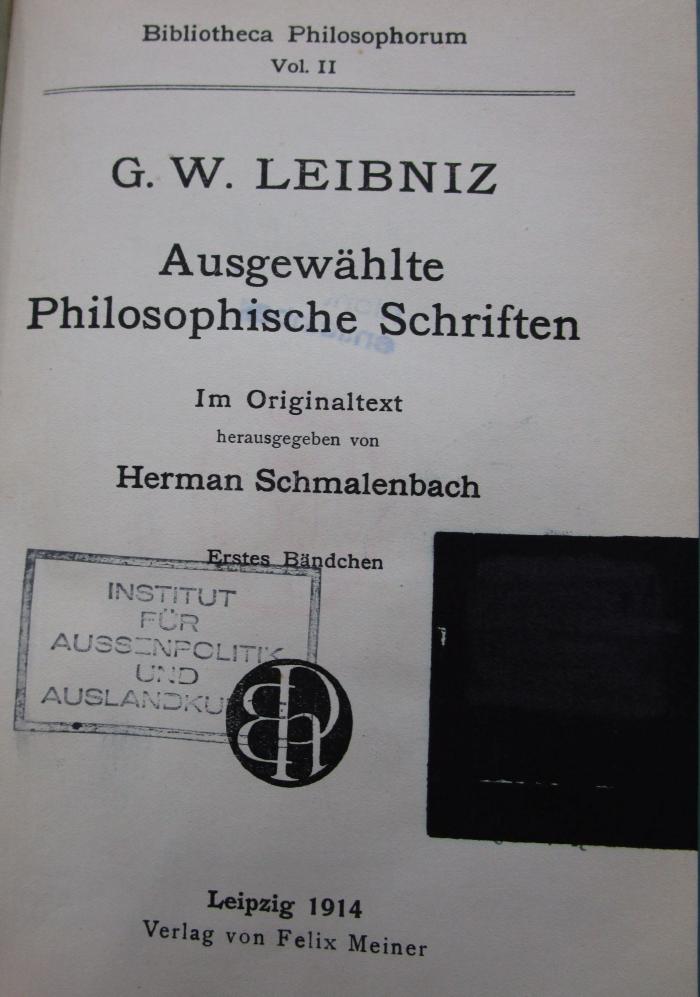 Hl 208 1: Ausgewählte Philosophische Schriften. Erstes Bändchen (1914)