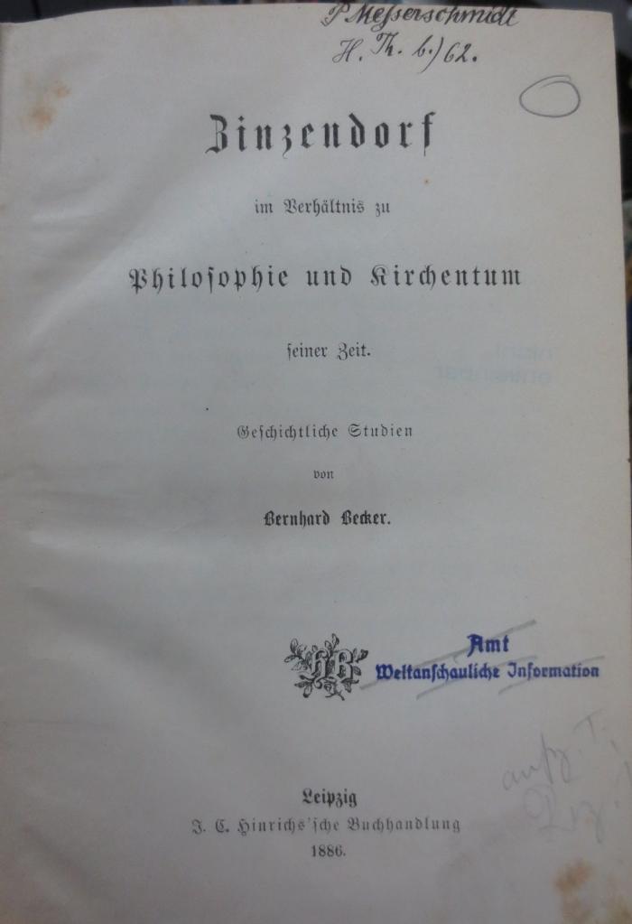 Ug 813: Zinzendorf im Verhältnis zu Philosophie und Kirchentum seiner Zeit (1886)