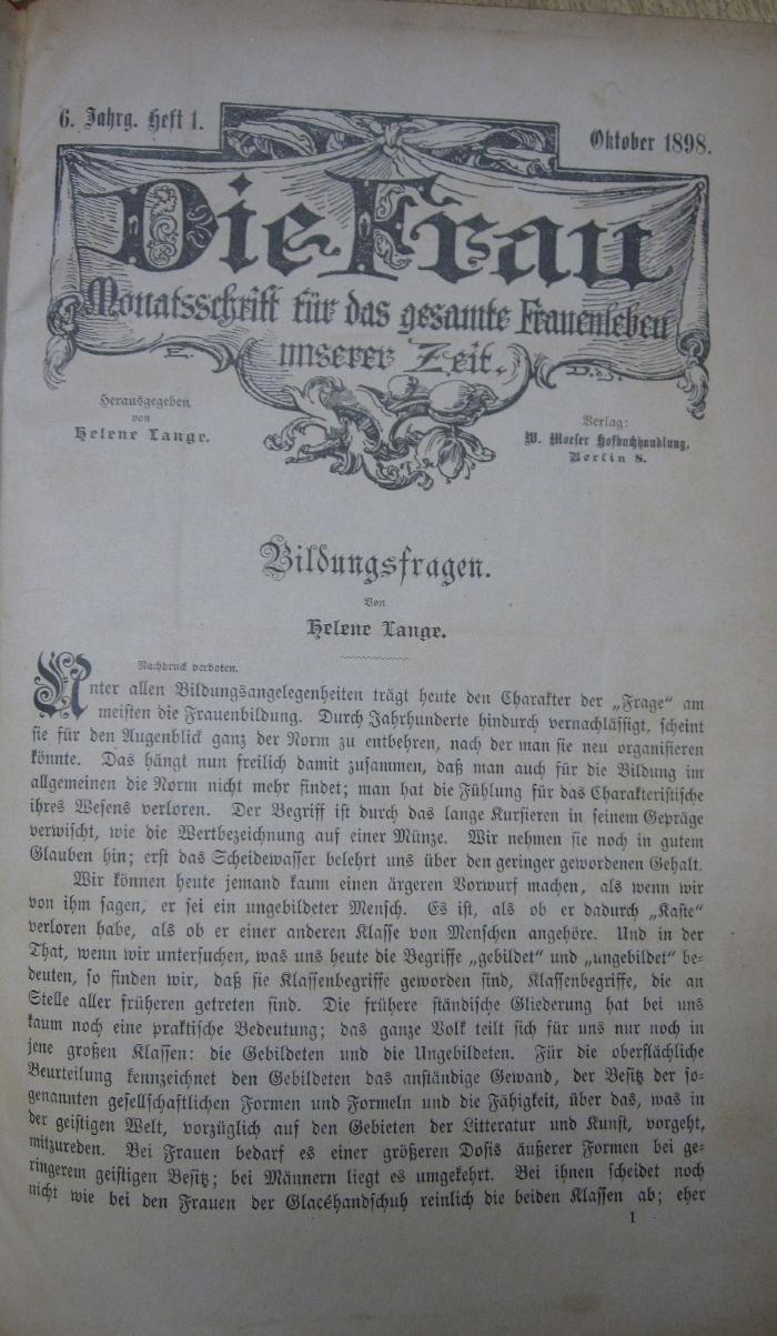 Fr.Fr. 3723 6.1898/99: Die Frau. Monatsschrift für das gesamte Frauenleben unserer Zeit (1898)