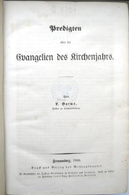 Q 3201 : Predigten über die Evangelien des Kirchenjahrs (1860)