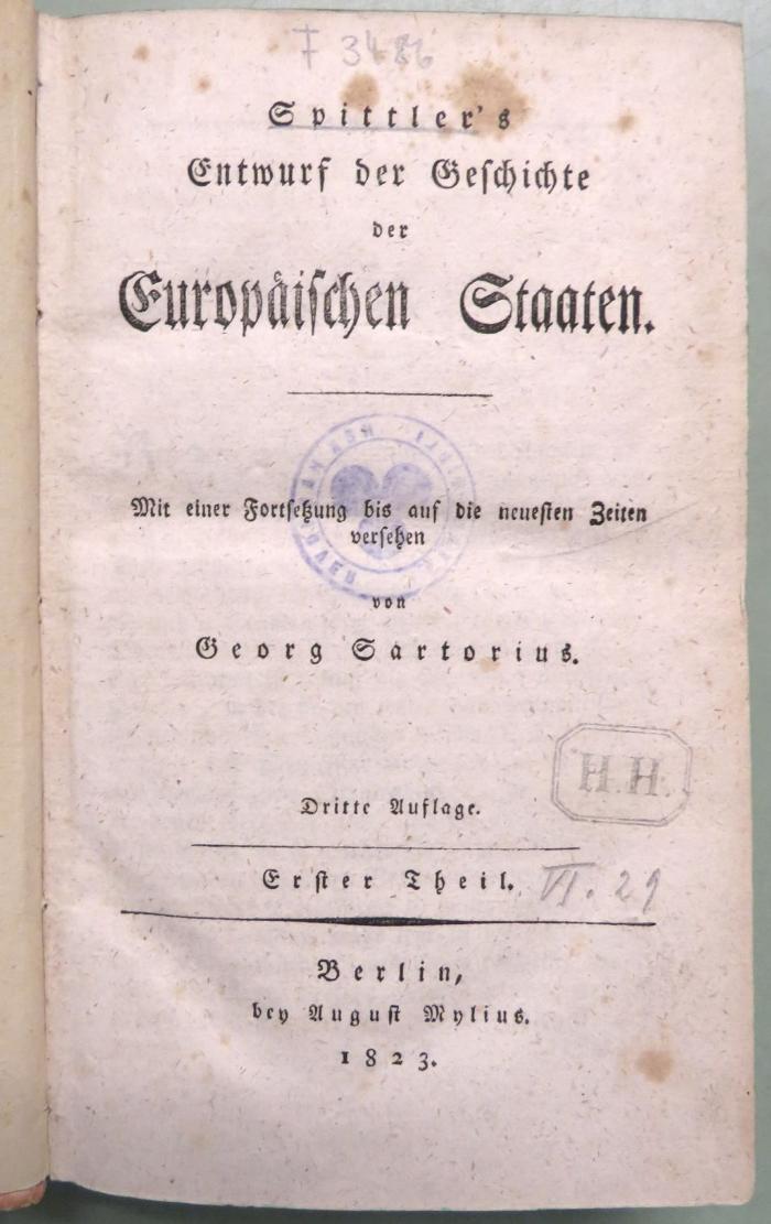 F 3486 (1) : Entwurf der Geschichte der europäischen Staaten. Erster Theil. (1823)