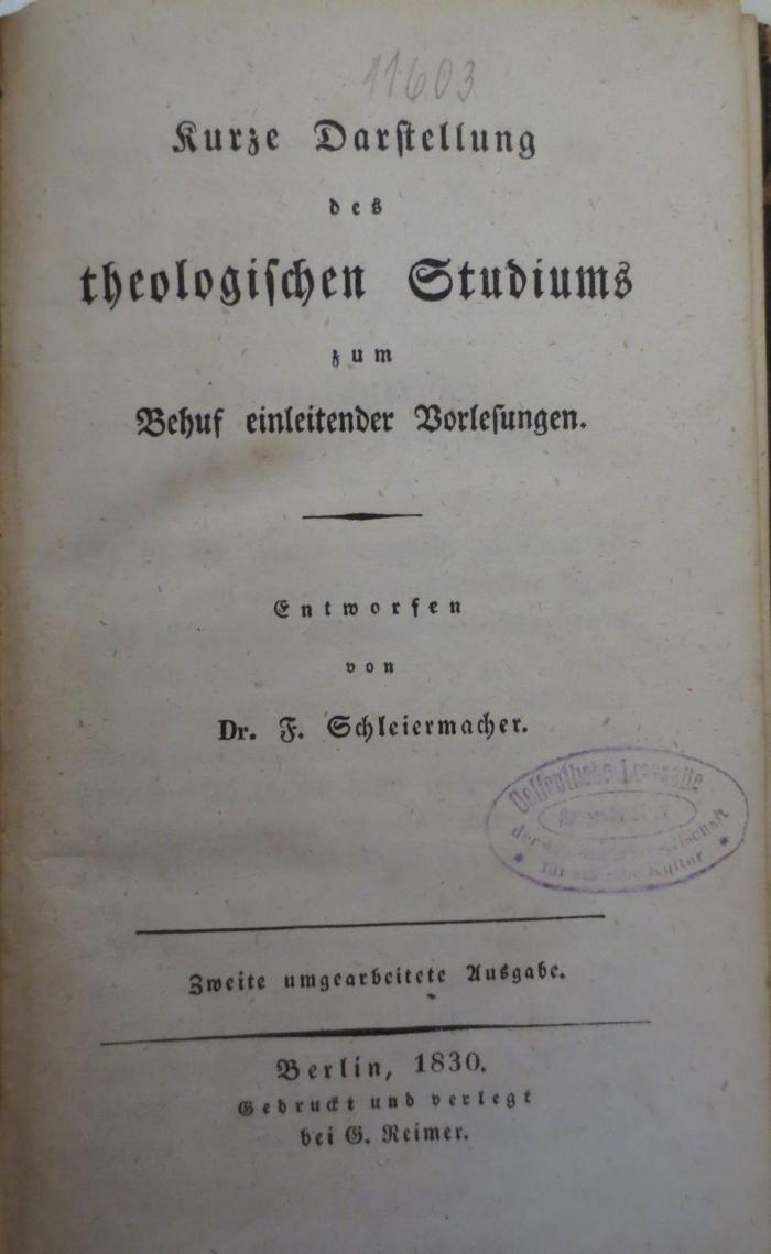  Kurze Darstellung des theologischen Studiums zum Behuf einleitender Vorlesungen (1830)