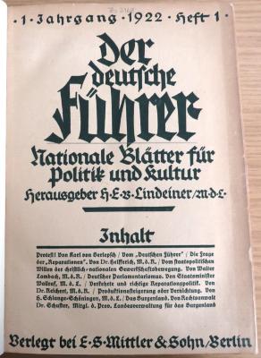 Zs 2168 - 1.1922 : Der deutsche Führer. Nationale Blätter für Politik und Kultur 1. Jg. 1.1922 (1922)