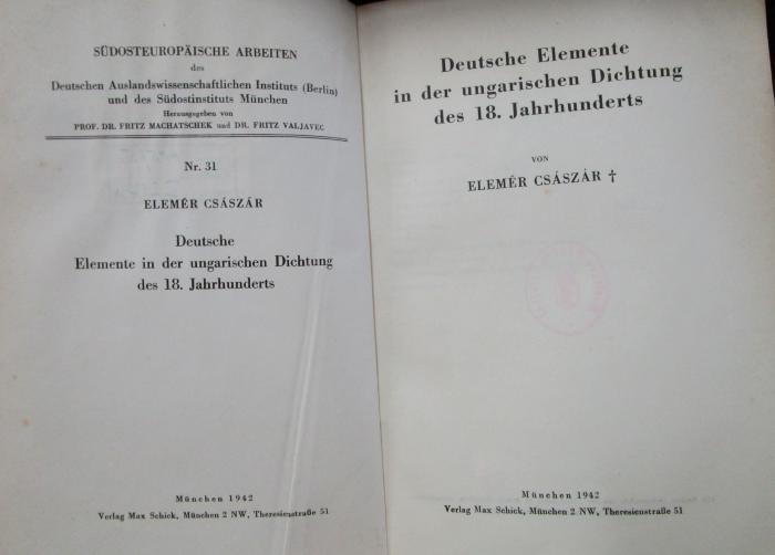 Cv 109 2.Ex.: Deutsche Elemente in der ungarischen Dichtung des 18. Jahrhunderts (1942)