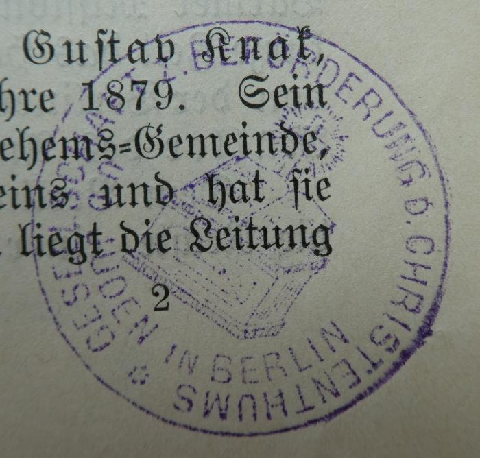 - (Gesellschaft zur Beförderung des Christentums unter den Juden zu Berlin), Stempel: Abbildung, Berufsangabe/Titel/Branche, Name, Ortsangabe; 'Gesellschaft z. Beförderung d. Christenthums u.d. Juden in Berlin'.  (Prototyp);Uh 593: Handbuch der freien evangelischen Liebestätigkeit in der Provinz Brandenburg (1906)