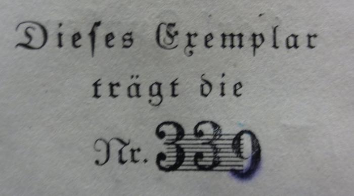 XIV 3629: Vom Buchführer zur Aktiengesellschaft : Zweihundert Jahre Wiener Buchhändlergeschichte. Festgabe den Teilnehmern der 22. Versammlung Deutscher Bibliothekare (1926);- (unbekannt), Stempel: Exemplarnummer; '[Dieses Exemplar trägt die Nr.] 339'. 