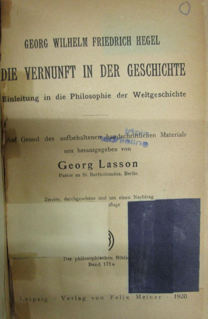 Hm 300 b 1: Die Vernunft in der Geschichte : Einleitung in die Philosophie der Weltgeschichte (1920)