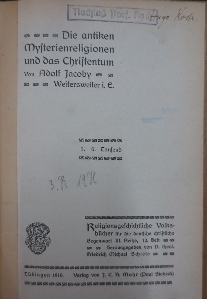 Ua 371 2.Ex.: Die antiken Mysterienreligionen und das Christentum (1910)