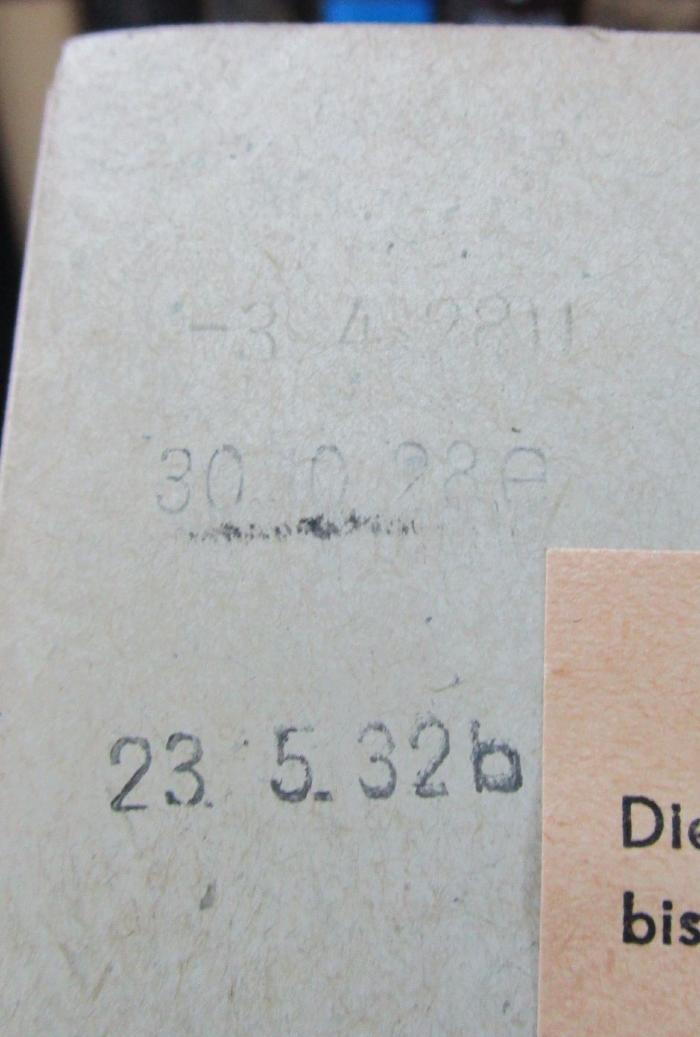 I 7533 3.Ex.: Die Sekten der russischen Kirche (1003 - 1897) (1898);- (Städtische Volksbücherei (Charlottenburg, Berlin)), Stempel: Datum; '[...]
23. 5. 32b'. 