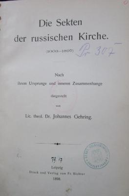 I 7533 3.Ex.: Die Sekten der russischen Kirche (1003 - 1897) (1898)