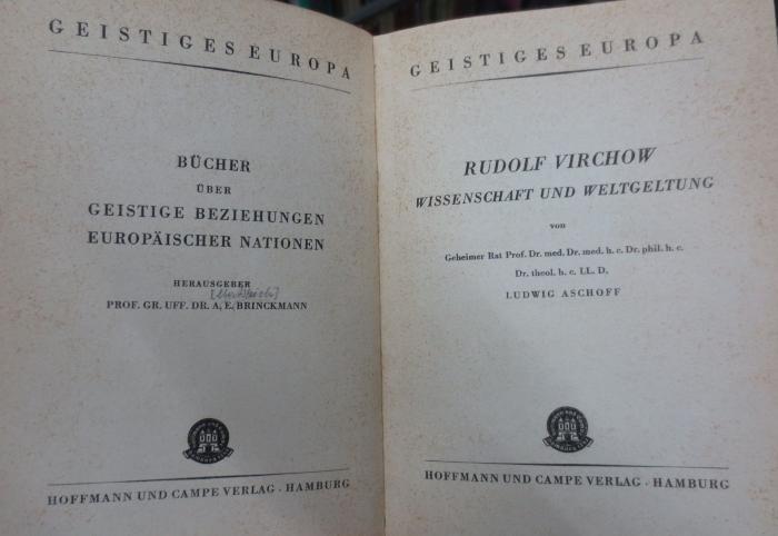 Kh 346 Ers.: Rudolf Virchow : Wissenschaft und Weltgeltung (1940)