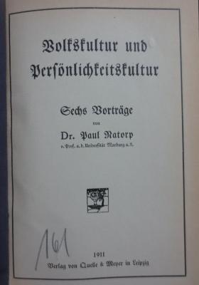 XV 5861 2.Ex.: Volkskultur und Persönlichkeitskultur : Sechs Vorträge (1911)