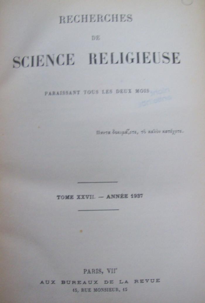Ua 357 27 1937: Recherches de Science Religieuse (1937)