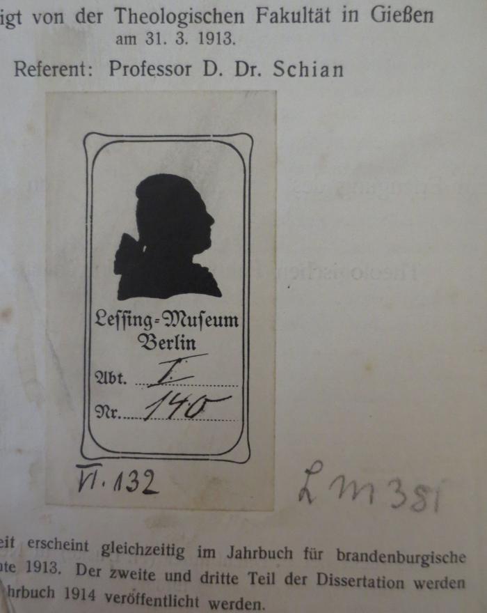 - (Lessing-Museum (Berlin)), Von Hand: Signatur; 'I 140 VI. 132'. 