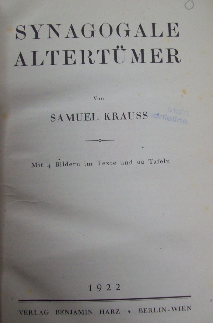 Ub 129: Synagogale Altertümer (1922)
