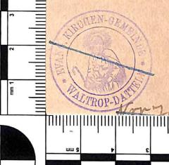 - (Evangelische Kirchengemeinde Waltrop-Datteln), Stempel: Name, Berufsangabe/Titel/Branche, Ortsangabe; 'Evang. Kirchen-Gemeinde / Waltrop-Datteln'. 