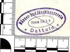 - (Evangelische Kirchengemeinde Waltrop-Datteln;Männer- und Jünglingsverein Datteln), Stempel: Name, Berufsangabe/Titel/Branche, Ortsangabe; 'Männer- u. Jünglingsverein / Datteln / Psalm 119. V. 9'. 
