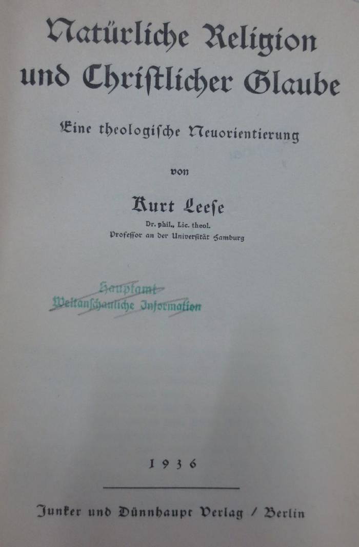 Ug 337 2.Ex.: Natürliche Religion und Christlicher Glaube : Eine theologische Neuorientierung (1936)