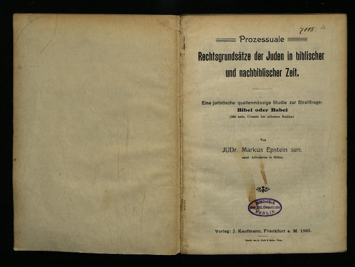 BIE 72 : Prozessuale Rechtsgrundsätze der Juden in biblischer und nachbiblischer Zeit. (1905)