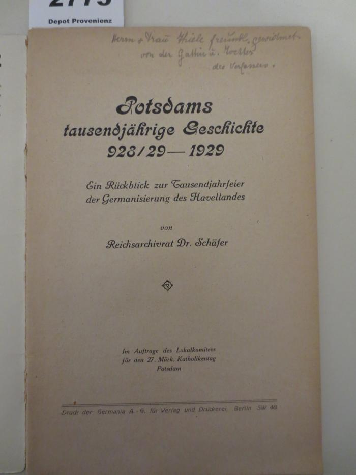  Potsdams tausendjährige Schichte 928/29-1929 : Ein Rückblick zur Tausendjahrfeier der Germanisierung des Havellandes (1929)