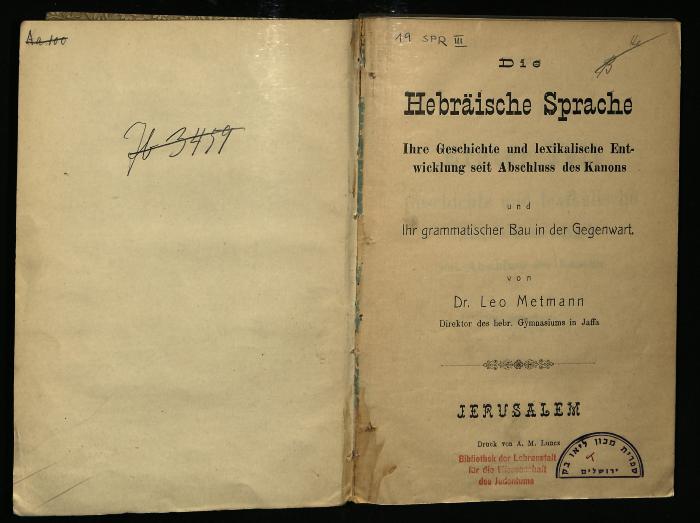 SPR III 19 : Die hebräische Sprache : ihre Geschichte und lexikalische Entwicklung seit Abschluss des Kanons und ihr grammatischer Bau in der Gegenwart (1908)