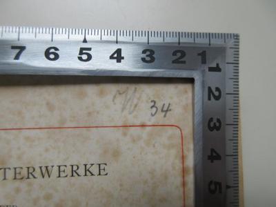 - (Bibliothek Franziskaner Hadamar;Studienheim St. Antonius Riedlingen), Von Hand: Nummer, Signatur; 'W 34'. 