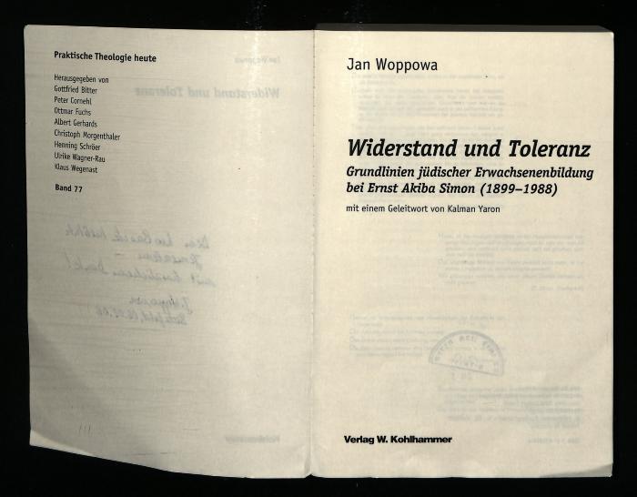 ER II 06/52 : Widerstand und Toleranz: Grundlininen jüdischer Erwachsenenbildung bei Ernst Akiba Simon (1899-1988) (2005)