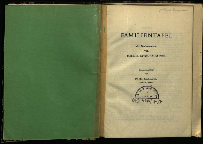 FA II 4664 a : Familientafel der Nachkommen von Mendel Rosenbaum Zell (?)