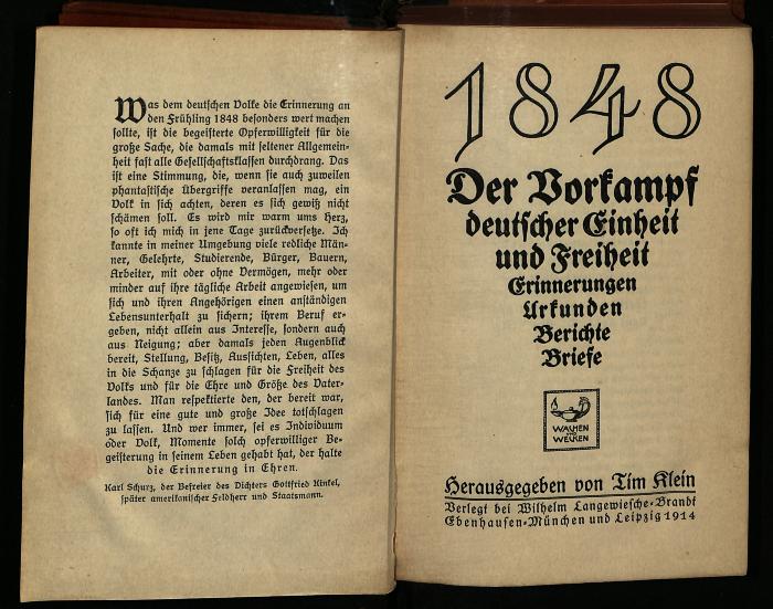 GE III 3435 : 1848, der Vorkampf deutscher Einheit und Freiheit. Erinnerungen, Urkunden, Berichte (1914)